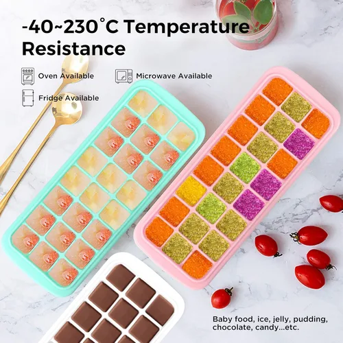 Vista 4 de Bandeja de cubitos de hielo, bandeja de hielo de silicona suave con tapa de polipropileno, bandejas flexibles para cubitos de hielo para congelador