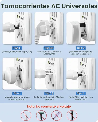 Vista 3 de LENCENT Adaptador de enchufe del mundo a los E.E.U.U. con 3 USB y 1 PD Tipo-c Puertos de carga rápida rápida, tipo B Europa Europa/Reino
