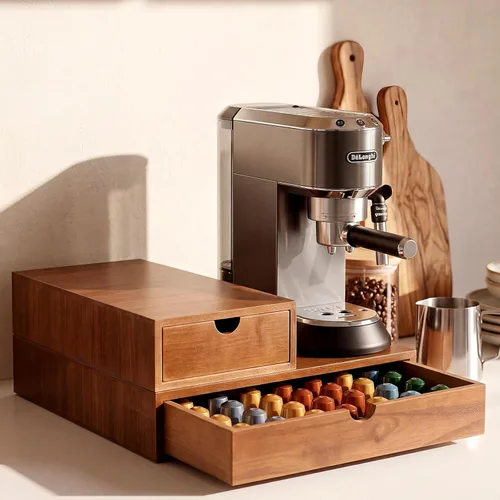 Vista 8 de Caja de té de café con cajón de madera para cápsulas, cuádruple, Negro