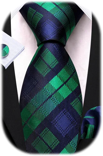 Vista 114 de Barry.Wang Juego de corbatas a cuadros para hombre con pañuelo gemelos de rayas clásicas
