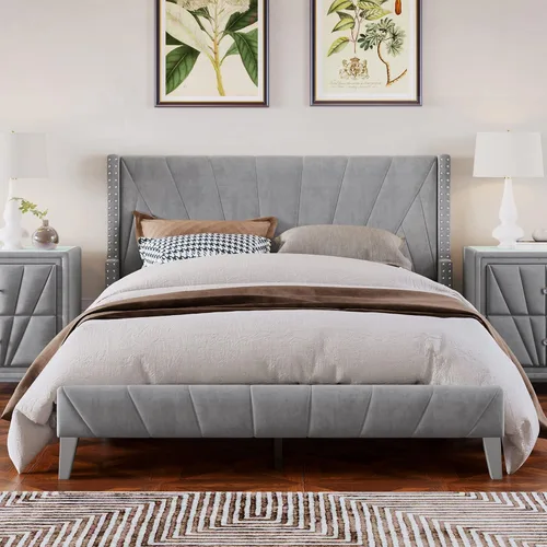 Vista 9 de Marco de cama tapizado de terciopelo contemporáneo con acolchado de canal y ribete de cabeza de clavos, no necesita somier (negro, matrimonial)
