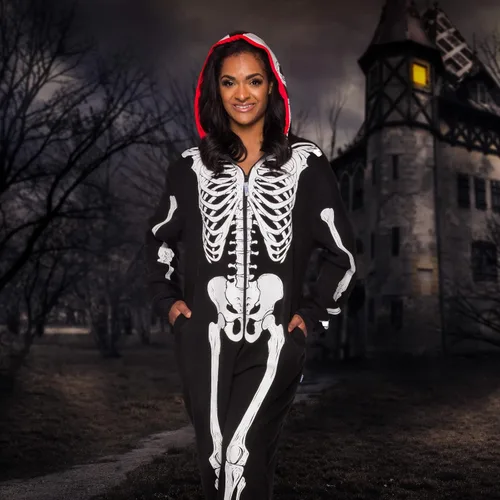 Vista 2 de Funziez! Mameluco de esqueleto que brilla en la oscuridad para adultos, disfraz de Halloween, traje de cosplay de una pieza de felpa para adultos