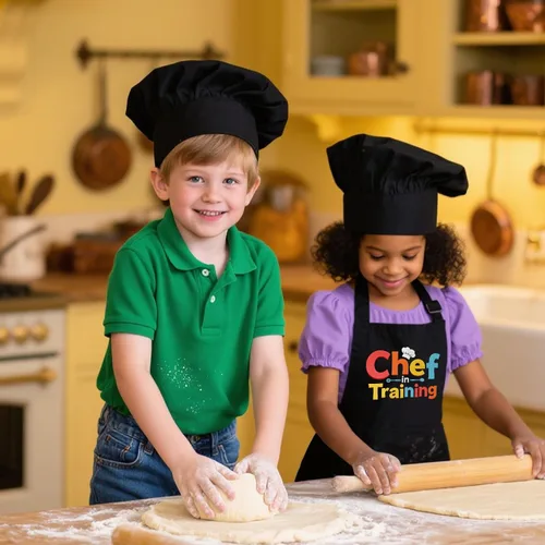 Vista 3 de Juego de Delantal y Gorro de Chef para Niños - Delantal de Cocina Ajustable para Niños con 2 Bolsillos, Negro, para Niños y Niñas de 3 a 8 Años