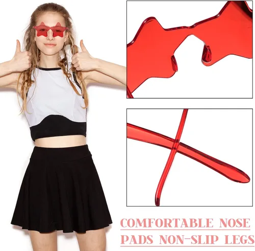 Vista 3 de CHENGU 2 lentes de sol sin montura en forma de estrella transparentes de color caramelo, recuerdos de fiesta para niñas, niños y mujeres (rojo)