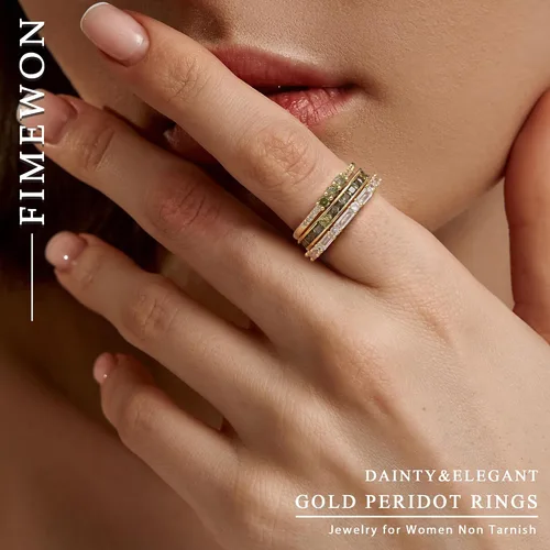 Vista 2 de Anillos de oro para mujer, no se deslustra, delicados anillos apilables de moda, eternidad, promesa, circonita cúbica, juego de anillos de peridoto