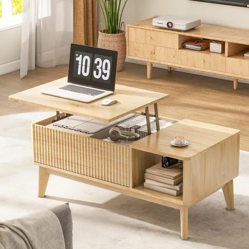 Vista 8 de LYNCOHOME Mesa de Centro con Tapa Elevable Acanalada con Almacenamiento, Mesa de Centro Moderna para Sala de Estar, Oficina en Casa (Natural)