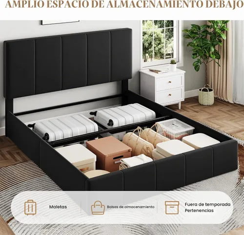 Vista 3 de SHA CERLIN - Marco de cama de almacenamiento elevable, tamaño matrimonial, con cabecero, color negro Cabecera ajustable, almacenamiento hidráulico