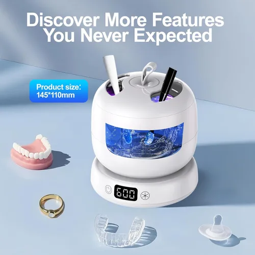 Vista 6 de IPX7 - Máquina limpiadora ultrasónica impermeable de retenedores, diseño dividido para dentaduras y joyas con doble UV-C, 3 modos de temporizador