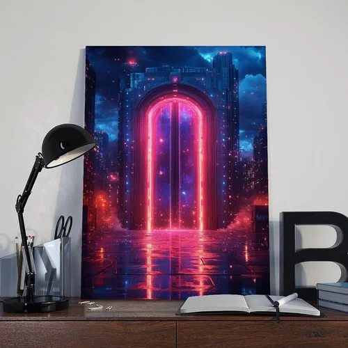 Vista 8 de Glowing Neon City Nightscape – Retro Cyberpunk Wall Decor for Living Room Poster Print for Teen Boys Room Wall Art Canvas Painting Print