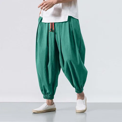 Vista 2 de Pantalones harén de algodón y lino para hombre, estilo casual, holgados, color sólido, hippie, yoga, pierna ancha, con cordón, pantalones de playa