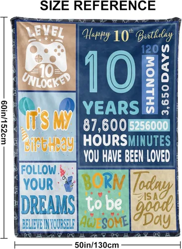 Vista 2 de BTZO Regalos de cumpleaños número 10 para niños, manta azul de feliz cumpleaños 10, ideas de regalo para niños y niñas de 10 años, manta de regalo