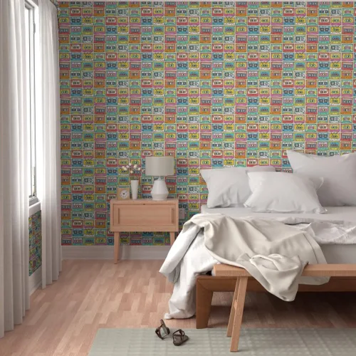 Vista 5 de Muestras de papel tapiz extraíbles, cinta de mezcla de música más pequeña, retro vintage de los años 90, papel pintado prepegado personalizado por