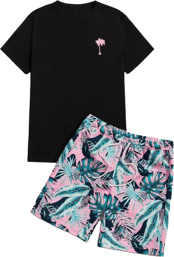 Vista 91 de GORGLITTER Conjunto de 2 piezas de camiseta gráfica de manga corta para hombre, estampado hawaiano con cordón y pantalones cortos