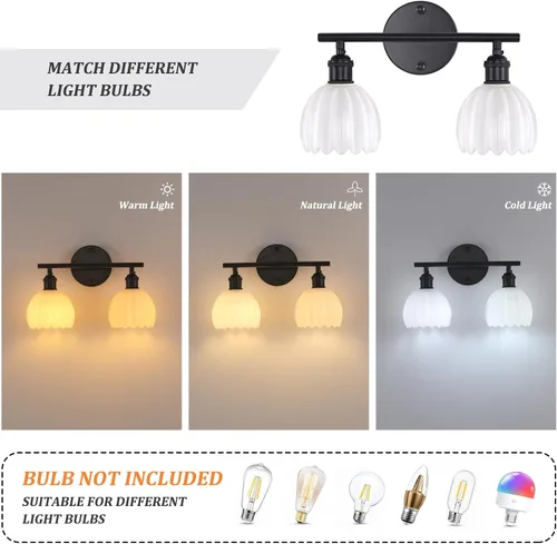 Vista 97 de Shenmoyl Lámparas de baño, lámpara de pared de 2 luces para tocador sobre espejo con pantalla de vidrio tulipán blanco para dormitorio, sala