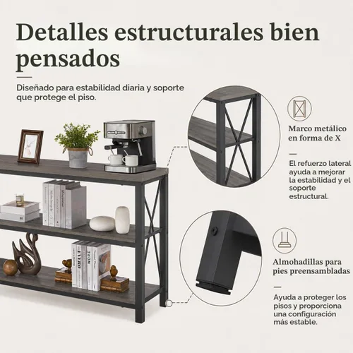 Vista 6 de BON AUGURE Mesa de Sofá Rústica Detrás del Sofá, Mesas Consola Industriales para Entrada, Mesa de Entrada de 3 Niveles con Estantes de Madera