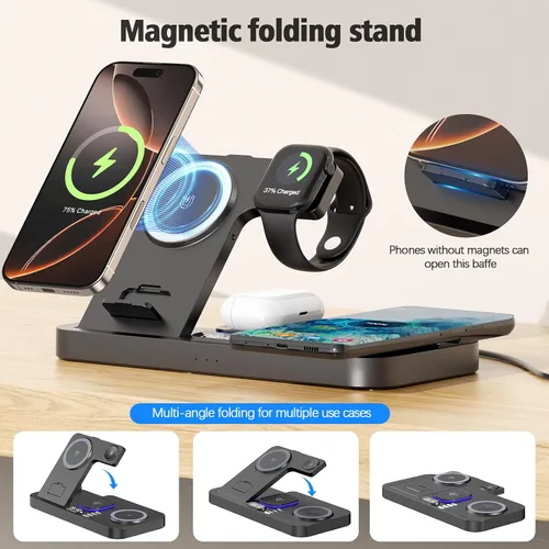 Vista 6 de Estación de carga inalámbrica de teléfono dual para dispositivos Apple, cargador inalámbrico de 30 W con interruptor automático de luz y reloj de 7