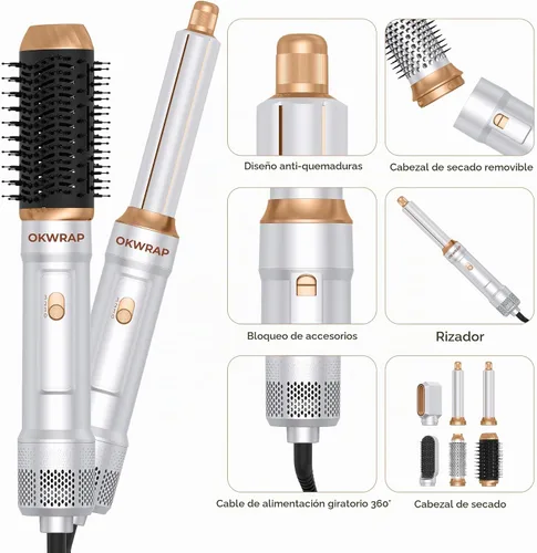 Vista 7 de Cepillo secador de pelo 6 en uno, rizador de aire, cepillo redondo de 800 W, cepillo iónico para mujer, cepillo de aire caliente, herramientas