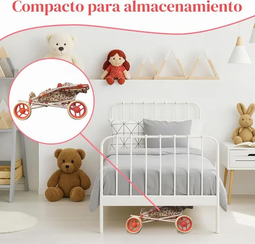 Vista 3 de Juego de Cochecito de Muñeca, Cochecito de Muñeca 3 en 1 con Moisés Extraíble, Carrito para Muñecas, Cochecito de Muñeca de Juguete para Niños Floral