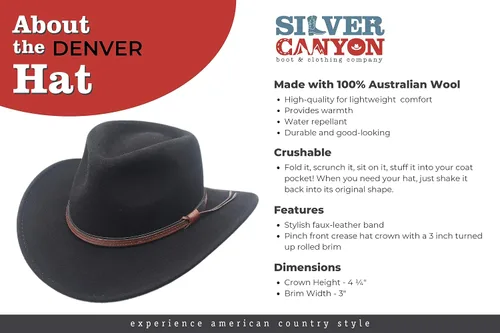 Vista 3 de Silver Canyon - Sombrero de vaquero de fieltro de lana triturable al aire libre estilo occidental
