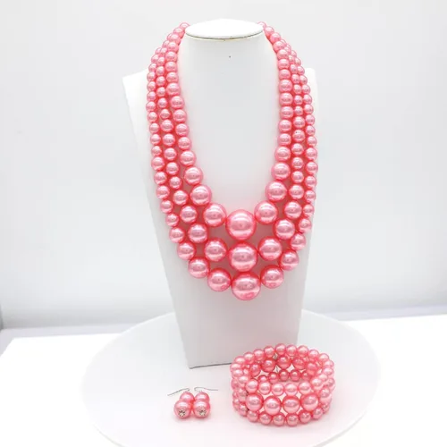 Vista 5 de JNF - Juego de collar y aretes de perlas grandes grandes de múltiples hebras, collar de perlas gruesas para mujer