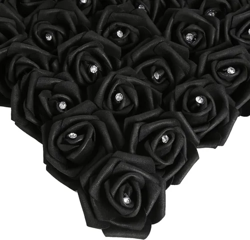 Vista 8 de IPOPU Cabezales de rosas artificiales, 100 rosas falsas de espuma negra de aspecto real para bricolaje, bodas, baby shower, centros de mesa 100