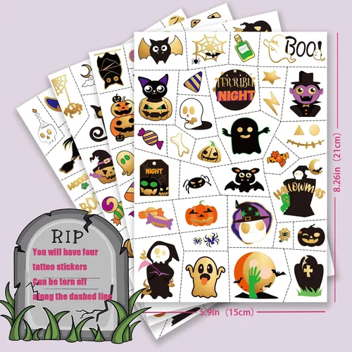 Vista 2 de Tatuajes temporales de Halloween para niños, calabaza, fantasma, bruja, regalos de fiesta de Halloween para niños o niñas, 126 piezas de tatuajes