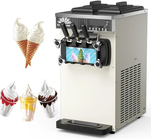 Vista 11 de Commercial Soft Ice Cream Machine, 3 Flavors Electric Soft Ice Cream Maker, Stainless Steel, 1300W LED Display, Desktop Type,15-21L/H, for Bars Gray