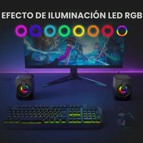 Vista 3 de MELOGAGA altavoces RGB para computadora, altavoces para PC con alimentación USB con retroiluminación LED de 7 colores, barra de sonido compacta