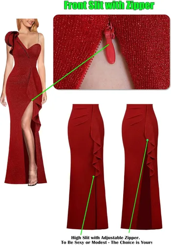 Vista 6 de VFSHOW Vestido largo de fiesta formal con volantes y tirantes para el hombro, para mujer, vestido largo sexy con cuello en V dividido para cóctel