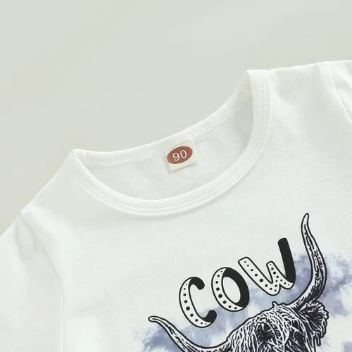 Vista 80 de fhutpw Conjunto de camiseta de manga corta con estampado de vaca y pantalones acampanados de dibujos animados para niñas