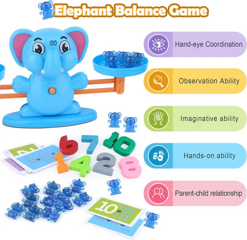 Vista 6 de Juguete de equilibrio de elefante, juego educativo de equilibrio de números matemáticos, juguete de aprendizaje de números con elefantes pequeños
