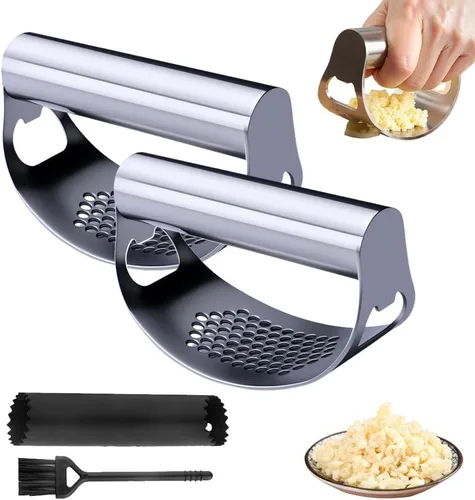 Vista 10 de Balancín de prensa de ajo, manual portátil de acero inoxidable, trituradora de ajo con tambor de pelado de ajo para utensilios de cocina doméstica