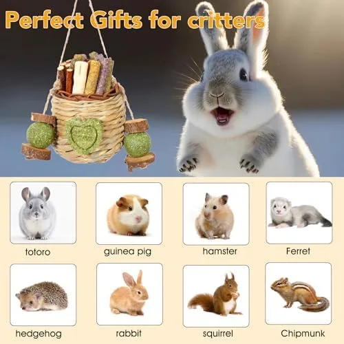 Vista 7 de Jorewood Juguetes masticables para conejos, cesta colgante natural con bambú dulce, heno Timothy, palitos de melocotón para conejos, chinchillas