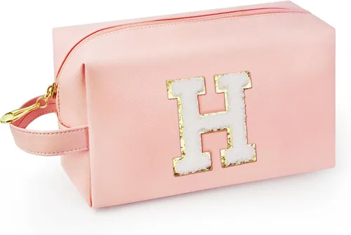 Vista 32 de Bolsa de maquillaje personalizada con inicial con asa, bolsa de cosméticos de preparación con bolsillo interior con cremallera, 8, 9, 10, 11, 12 Rosa