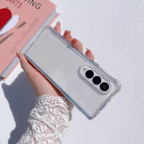 Vista 7 de Funda para Galaxy Z Fold 5, funda protectora de silicona con purpurina láser transparente holográfica con patrón de corazón de amor, delgada, a