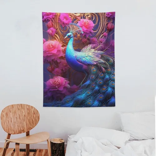 Vista 7 de JHION Tapiz de pavo real, hermoso tapiz de pájaro para colgar en la pared, tapices estéticos psicodélicos, arte de pared, decoración del hogar
