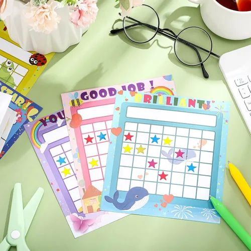 Vista 4 de 100 calcomanías gráficas para niños, tabla de recompensas de incentivos para niños en 10 diseños con 2800 mini calcomanías de estrellas, borrado