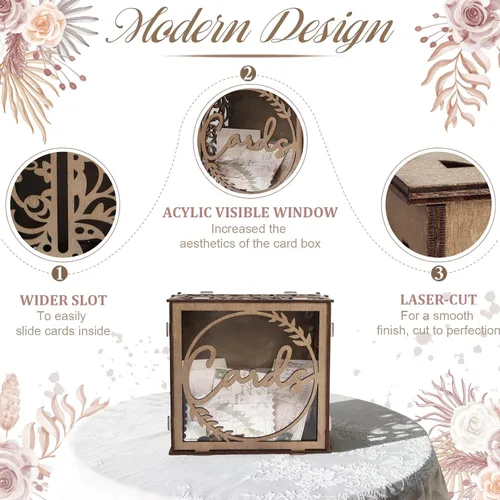 Vista 4 de OurWarm Caja de Tarjetas de Boda para Recepción, Cajas de Tarjetas de Boda de Madera con Ventana, Caja de Tarjetas de Regalo de Dinero con Sobre