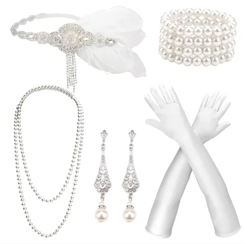 Vista 18 de DRESHOW - Juego de accesorios de El Gran Gatsby de los años 20 para mujer, diadema de flapper, tocado, guantes, disfraz, accesorios de las noches