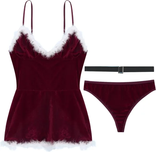 Vista 3 de TTAO Women Red Santa Lingerie Fur Trimed Babydolls Chemises Sexy Bustier Corset Top Bodysuit