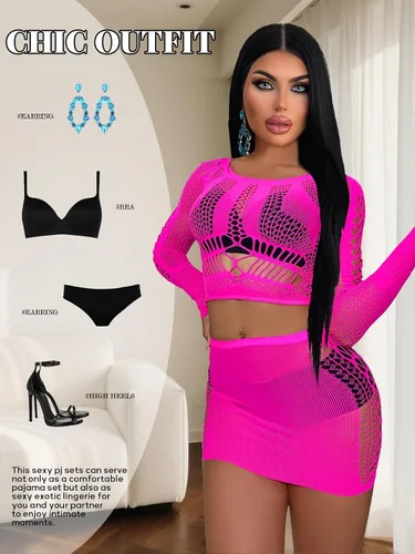 Vista 5 de Buitifo Lencería sexy para mujer, babydoll de red, ropa de noche, top exótico y minifalda Rojo rosa