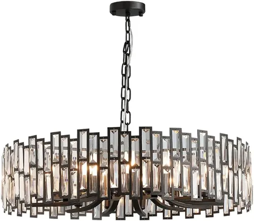 Vista 4 de LOVEDIMA Candelabro negro, cristal redondo de 10 luces de altura ajustable para comedor, dormitorio, sala de estar, vestíbulo, isla de cocina
