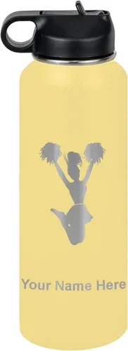 Vista 19 de LaserGram Botella de agua con tapa abatible de doble pared de 12 onzas con pajita, animadora, grabado personalizado incluido (negro)