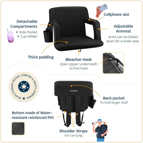 Vista 5 de Alpcour Asiento plegable para estadio – Silla de apoyo para adultos amplios reclinables de lujo para adultos para blanqueadores – Mejor extra grueso