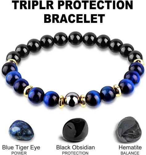 Vista 2 de Pulsera de triple protección de buena suerte, para hombres y mujeres, ojo de tigre azul, obsidiana negra, hematita, riqueza, prosperidad, felicidad