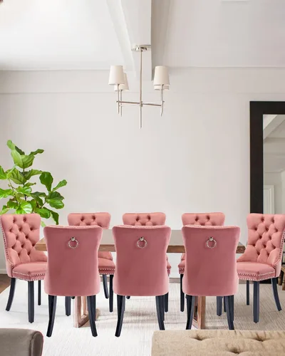Vista 64 de Juego de 2 sillas de comedor de terciopelo con patas de madera, color beige Mid Century Modern Dining Chairs,Upholstered Chairs with Nailhead