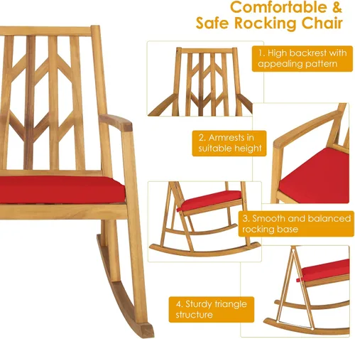Vista 7 de Tangkula Mecedora de madera de acacia para patio, con cojín extraíble de alta densidad, resistente a todo tipo de clima, base equilibrada, perfecta
