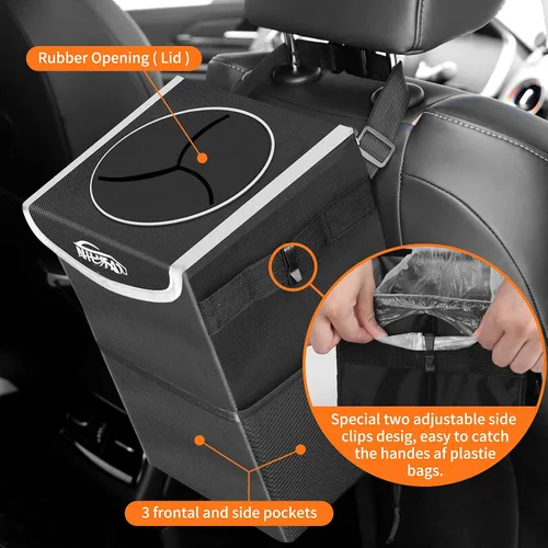 Vista 2 de NIUTA - Cubo de basura plegable e impermeable para auto, con tapa y bolsillo lateral de malla, para auto, todoterreno, camión, minivan