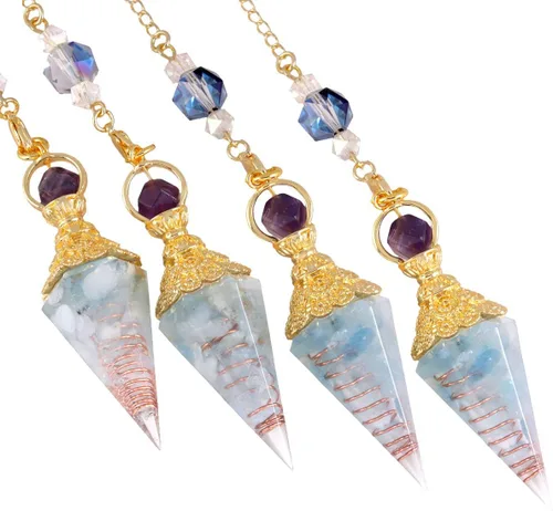 Vista 5 de TUMBEELLUWA Péndulo de punto de cristal de orgón para adivinación, radiestesia, chakras, reiki, equilibrio, cristales curativos, colgante de piedra