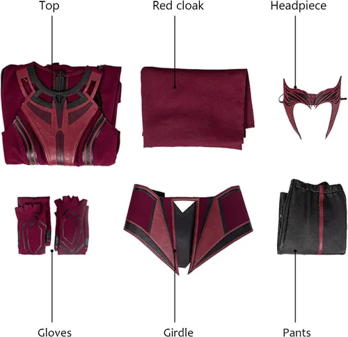 Vista 3 de Hqroidd Disfraz de bruja escarlata, disfraz de Wanda Maximoff, tocado, capa roja, parte superior y pantalones, conjunto completo, accesorios